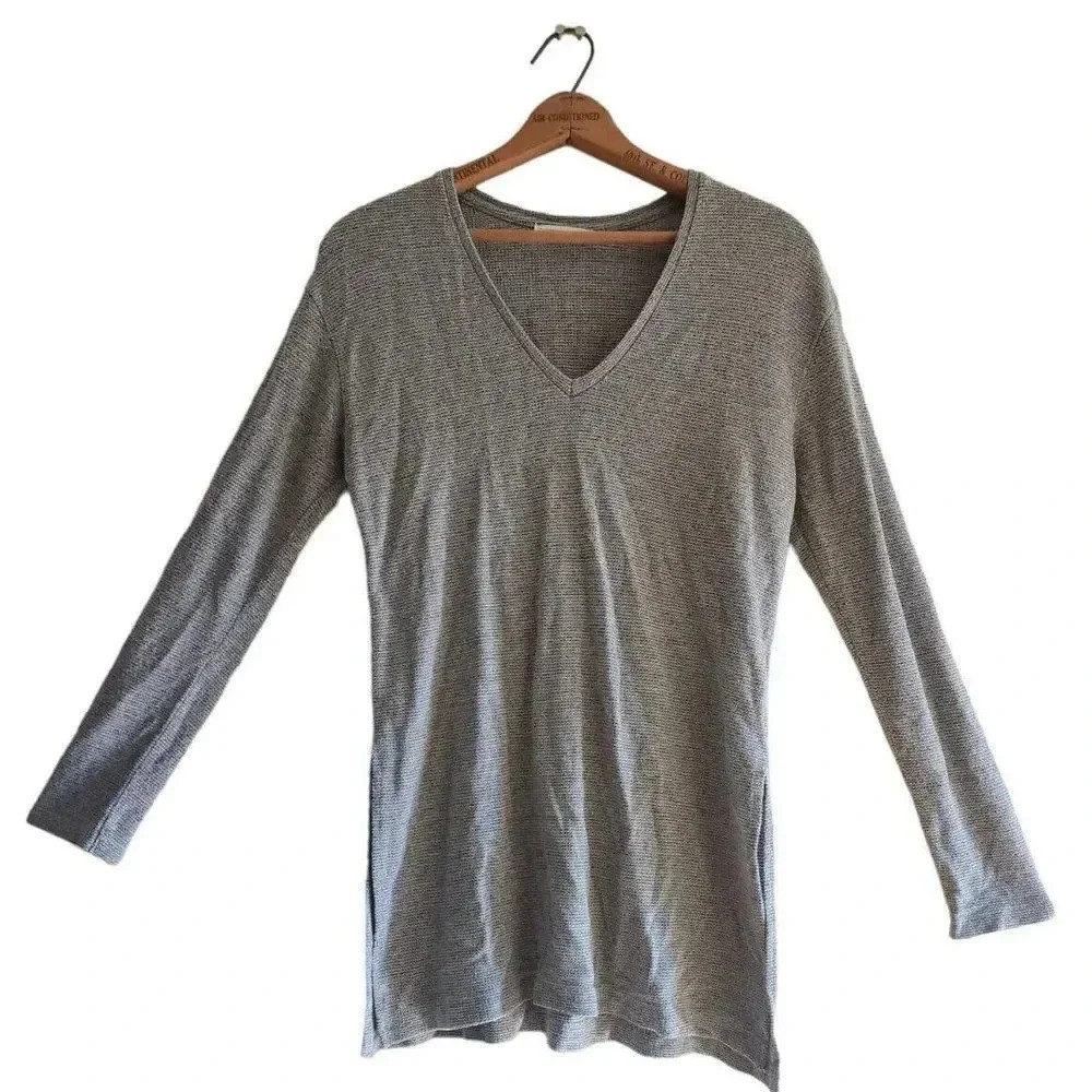 Zara Womens Gray Knit Long Sleeve V Neck Slit Pullover T Shirt Top Size Medium